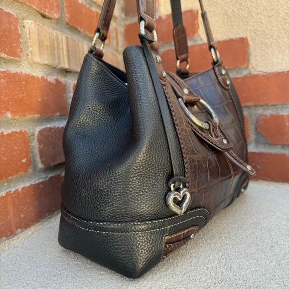 VTG Brighton🤎Large Leather Croc Embossed Brown/Black Shoulder Bag - Picture 7 of 14